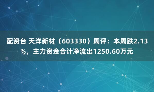 配资台 天洋新材（603330）周评：本周跌2.13%，主力资金合计净流出1250.60万元